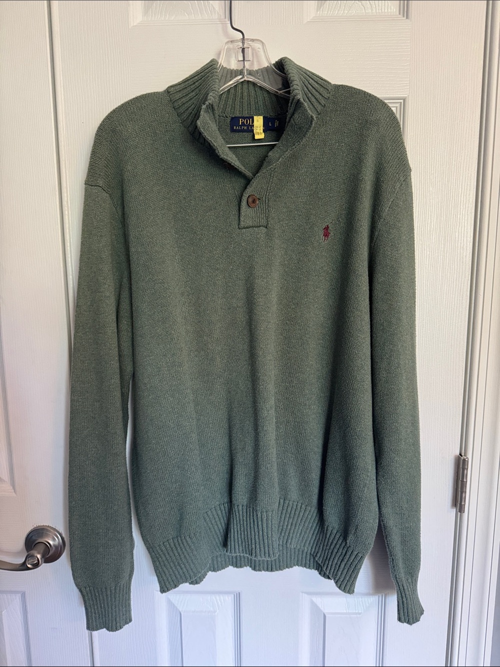 Polo by Ralph Lauren Olive Green Quarter‑Button Shawl Collar Sweater